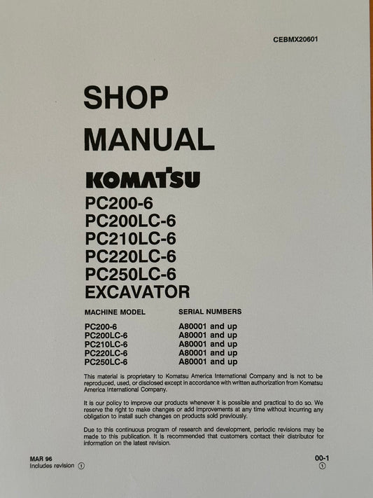 Komatsu PC200-6, PC200LC-6, PC210LC-6, PC220LC-6, PC250LC-6 Excavators Shop Manual - CEBMX20601  Digital version