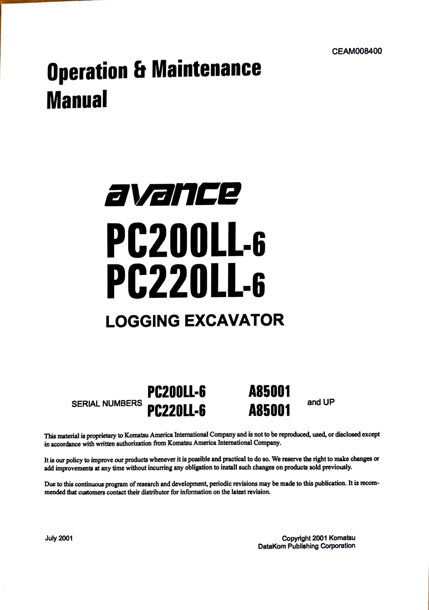 Komatsu PC200LL-6 and PC220LL-6 Logging Excavator Operation & Maintenance Manual - CEAM008400  Digital version