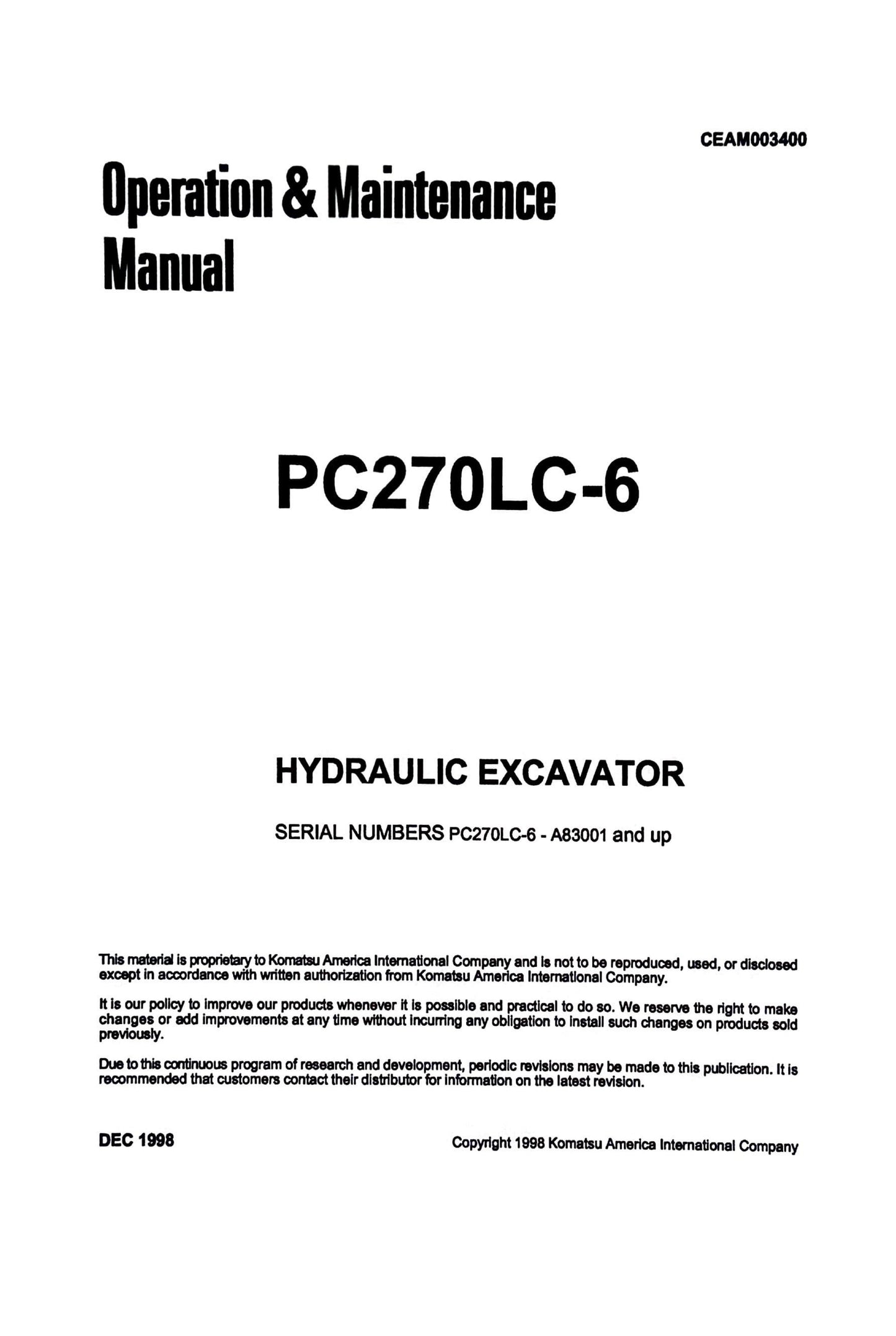 Komatsu PC270LC-6 Hydraulic Excavator s/n A83001 and up -  Operation & Maintenance Manual - CEAM003400  Digital version