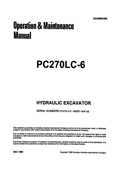 Komatsu PC270LC-6 Hydraulic Excavator s/n A83001 and up -  Operation & Maintenance Manual - CEAM003400  Digital version