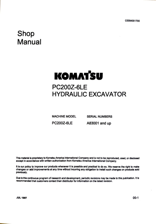Komatsu PC200Z-6LE Hydraulic Excavator Shop Manual - CEBM001700  Digital version