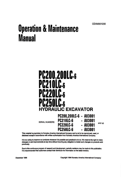 Komatsu PC200, PC200LC-6, PC210LC-6, PC220LC-6, PC250LC-6 Hydraulic Excavators Operation & Maintenance Manual - CEAM001200  Digital version