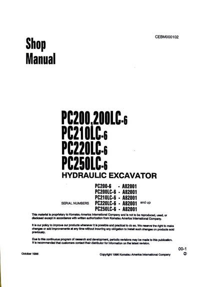 Komatsu PC200, PC200LC-6, PC210LC-6, PC220LC-6, PC250LC-6 Hydraulic Excavators Shop Manual - CEBM000102  Digital version