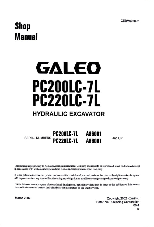 Komatsu Galeo PC200LC-7L and PC220LC-7L Hydraulic Excavator Shop Manual - CEBM005802  Digital version