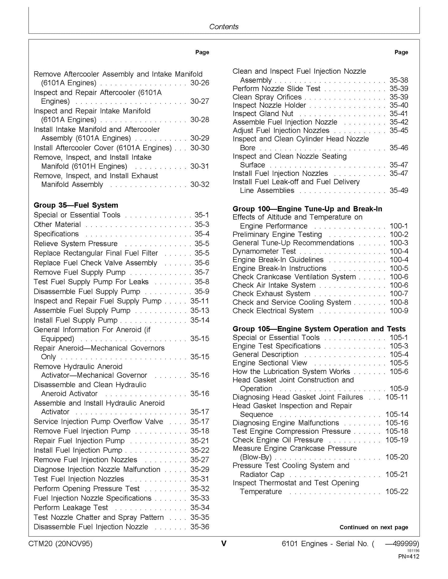 John Deere Series 500, 6101 Diesel Engines Component Technical Manual CTM20  Digital version