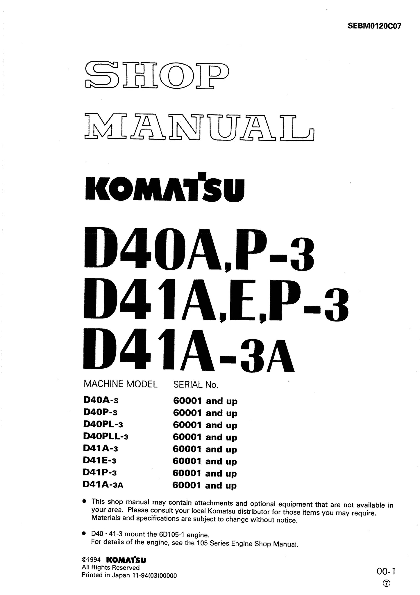 Komatsu D40A,P-3, D41A,E,P-3, D41A-3A Shop manual - digital copy SEBM0120C07