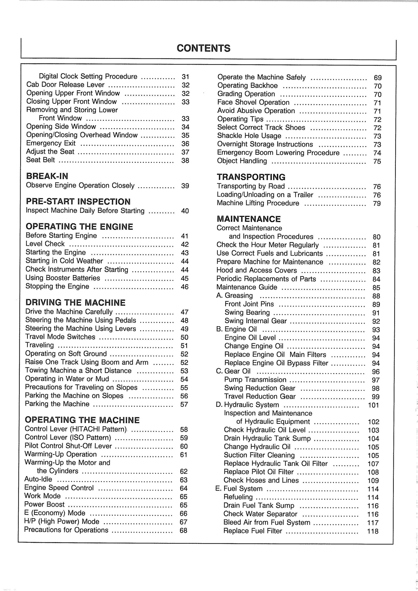 Hitachi EX200-5, EX200LC-5, EX210H-5, EX210LCH-5 Excavator Operator’s Manual - EM14M-1-3   Digital version