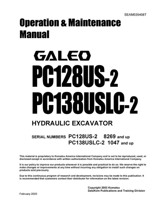 Komatsu PC128US-2, PC138USLC-2 hydraulic excavators Operation and Maintenance Manual - SEAM035408T