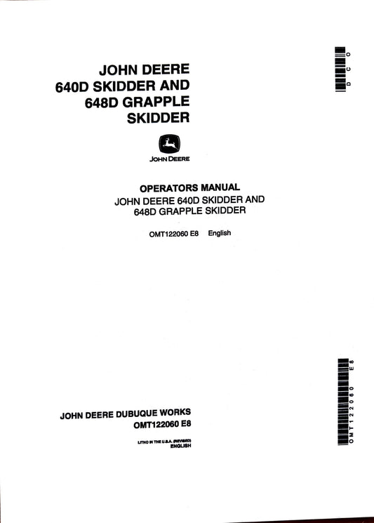 JOHN DEERE 640D SKIDDER AND 648D GRAPPLE SKIDDER Operator's Manual OMT122060 E8 - digital version
