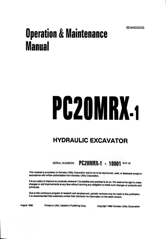 Komatsu PC20MRX-1 Hydraulic excavator Operation and Maintenance manual - SEAM035200 -  Digital version